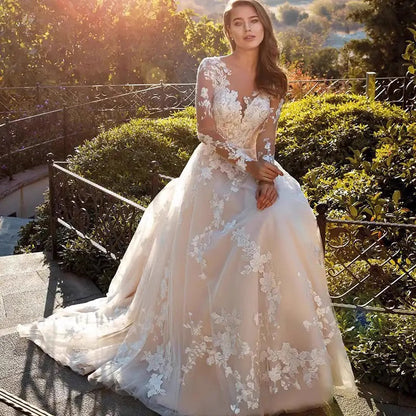 White Bridal Dress Long-sleeved Tight Waist Wedding Dresses