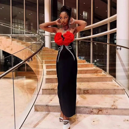 Red Flower Drill Chain Sexy Low Cut Strapless Dresses
