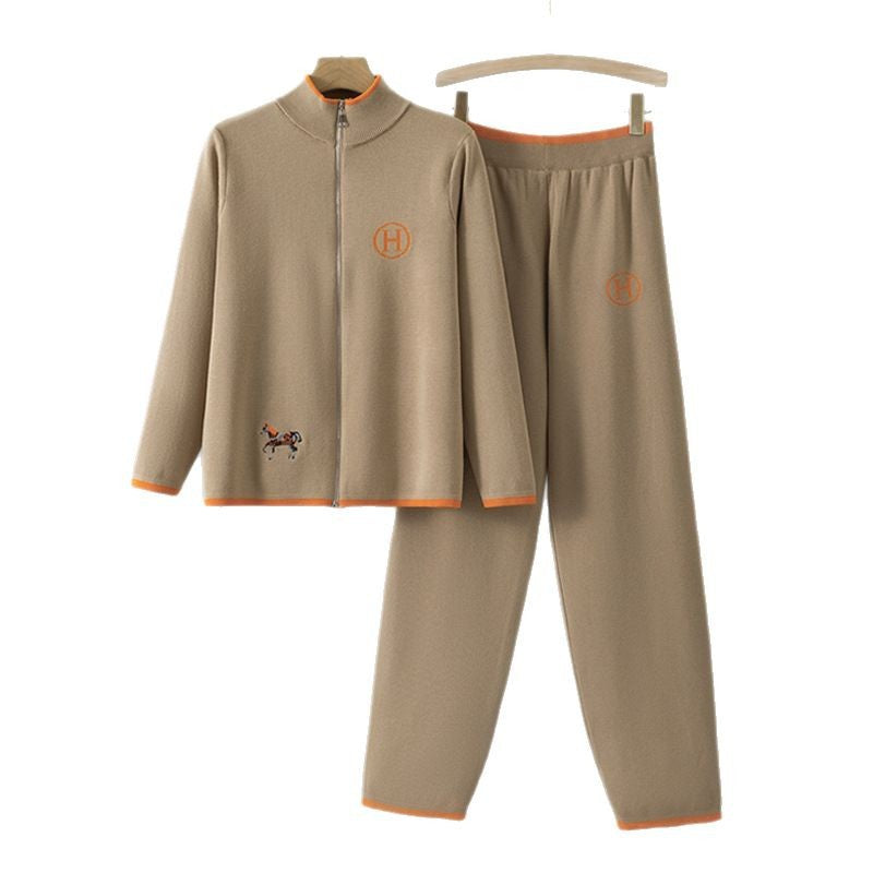 Women's Knitting Creative Horse Embroidery Long Sleeve Casual Trousers Suits