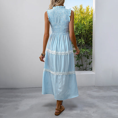 Women's Sleeveless Long Jumper Dress Smocking Striped Dresses
