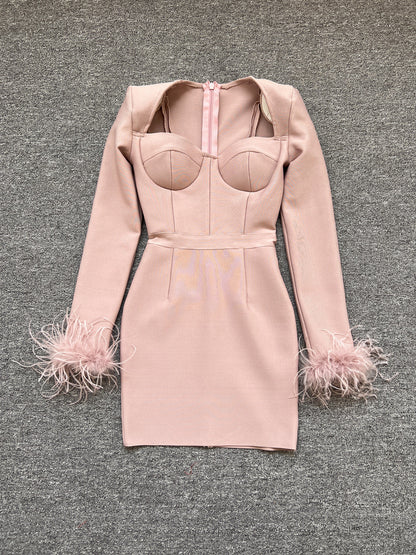 Women's Fashion Temperament Long Sleeve Tight Feather Dresses