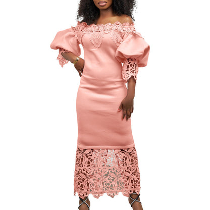 Women's Lace Stitching Banquet Dress Lantern Sleeve Dresses