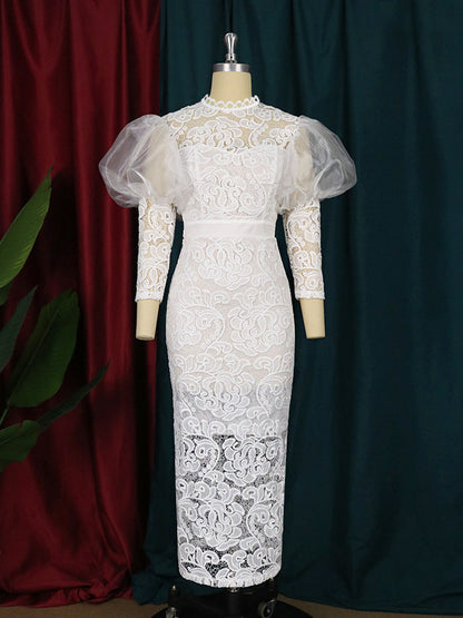 Women's Round Neck Lace Stitching High Waist Dresses