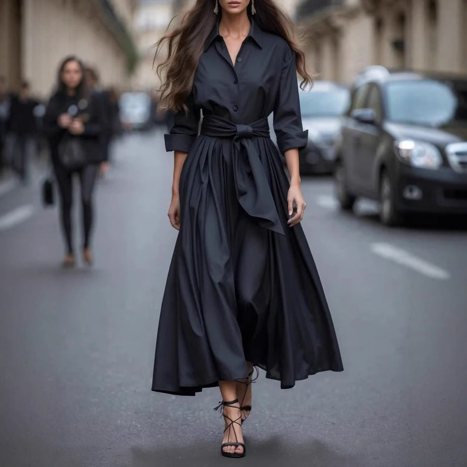 Women's Long Sleeve Pure Color Tied Lapel Dresses