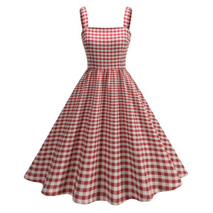 Pink Plaid Young Strap Long Dress Tops