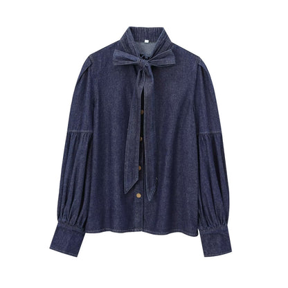 Women's Style Retro Lace Up Bow Design Blouses