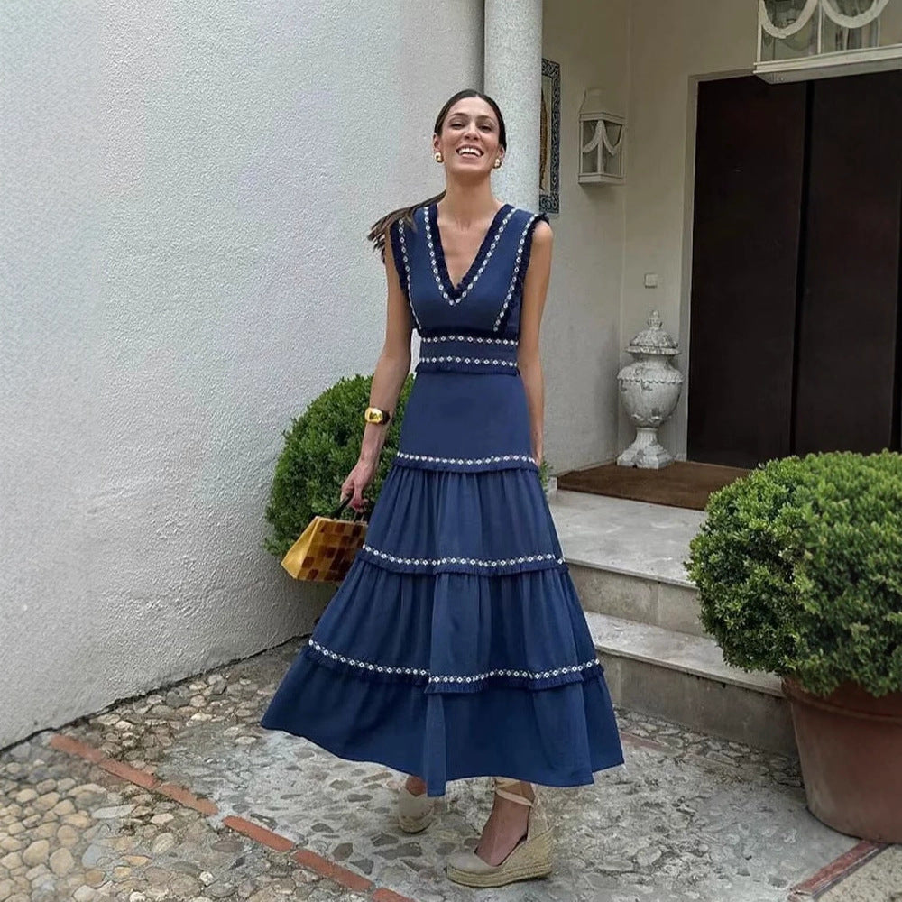 Women's Summer Contrast Color Laminated Tassel Dress Dresses