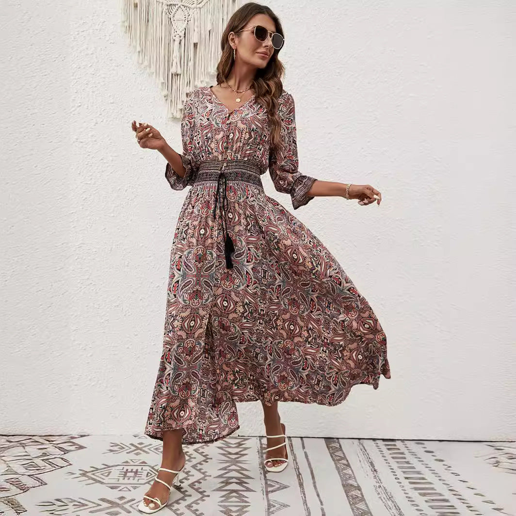 Women's Three-quarter Sleeve Waist Bohemian Dress Vacation Dresses