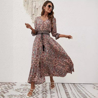 Women's Three-quarter Sleeve Waist Bohemian Dress Vacation Dresses