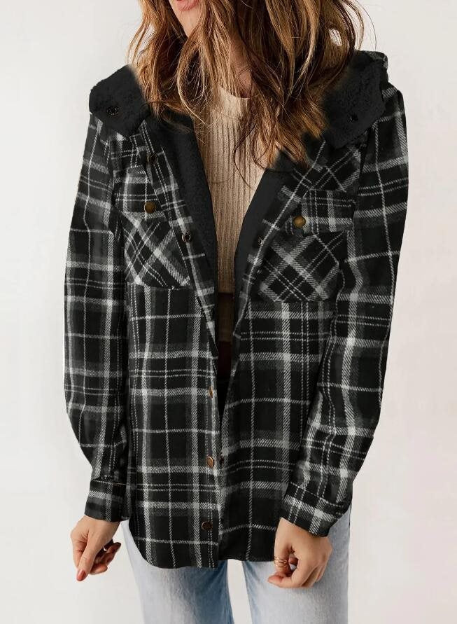 Women's Plaid Long Sleeve Furry Hooded With Jackets