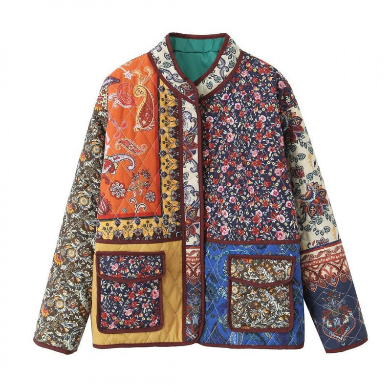 Women's Thickening Print Block Horn Button Printed Coats