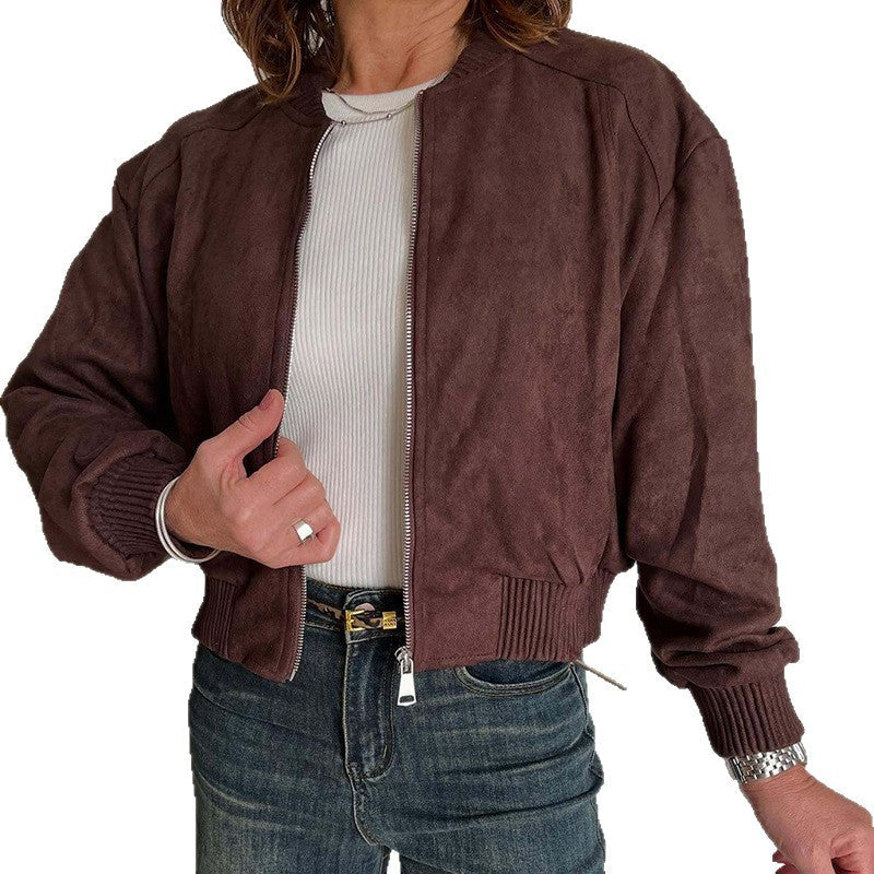 Women's Fashionable Suede Solid Color Zipper Commuter Jackets