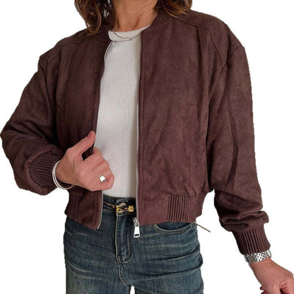 Women's Fashionable Suede Solid Color Zipper Commuter Jackets
