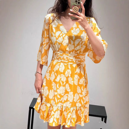 Women's Silhouette Floral Two-tone Rayon Printed Sleeve Dresses