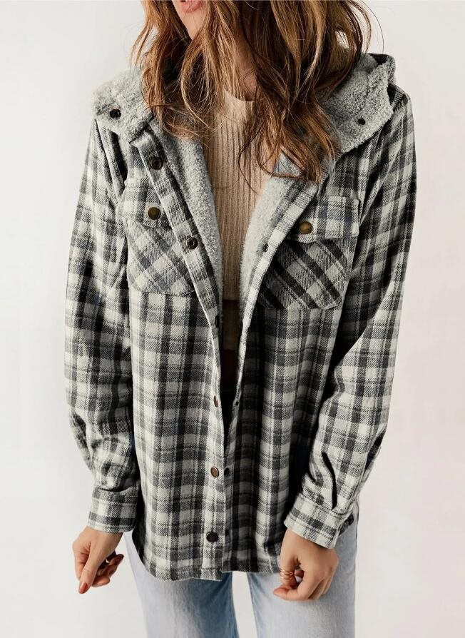 Women's Plaid Long Sleeve Furry Hooded With Jackets