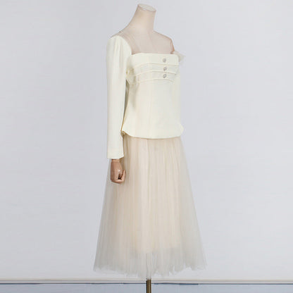 Women's Fashion Square Collar Gauzy Stitching High Suits