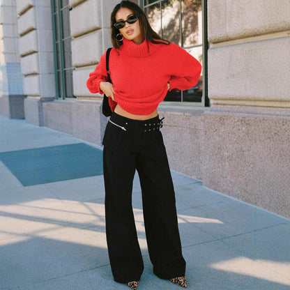 Women's Personality Street Adjustable Buckle Waist Side Pocket Detail Pants