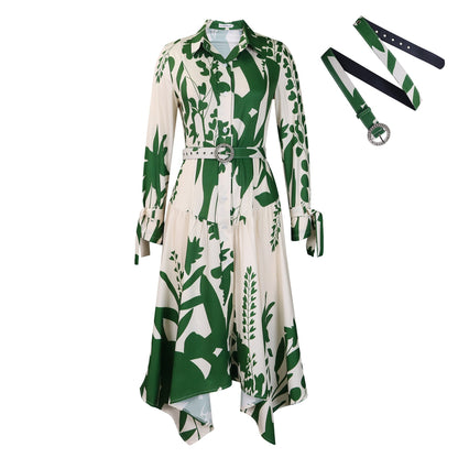 Women's Summer Fashion Temperament Printed Lapel Long Sleeve Skirts