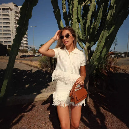 Women's Tassel Short-sleeved Knitted High Waist Mini Suits