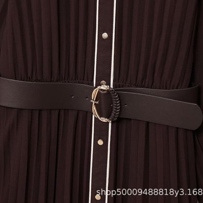 Women's Autumn Temperament With Belt Pleated Midi Dresses