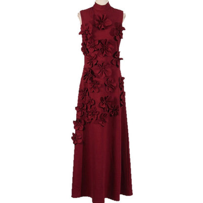 Women's Long Dress Stitching Three-dimensional Flower High Waist Design Dresses
