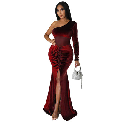 Women's Diagonal Collar Fold Split Solid Color Dresses