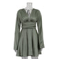 Women's Spring Sexy Cinched Dress Bell Sleeve Solid Dresses