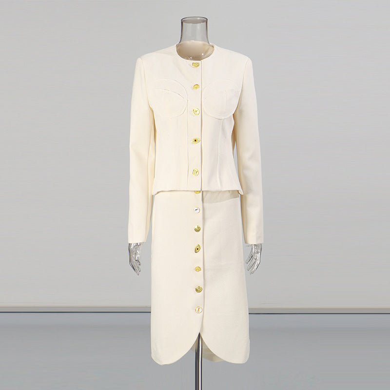 Temperament Waist Single-breasted Round Neck Solid Suits