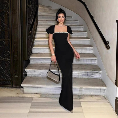 Fashion Shoulder Sleeve Rhinestone Square Collar Dresses