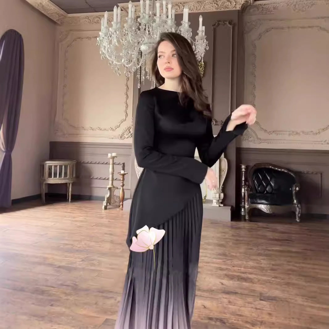 Women's Autumn Style Gradient Pleated Long Dress Dresses