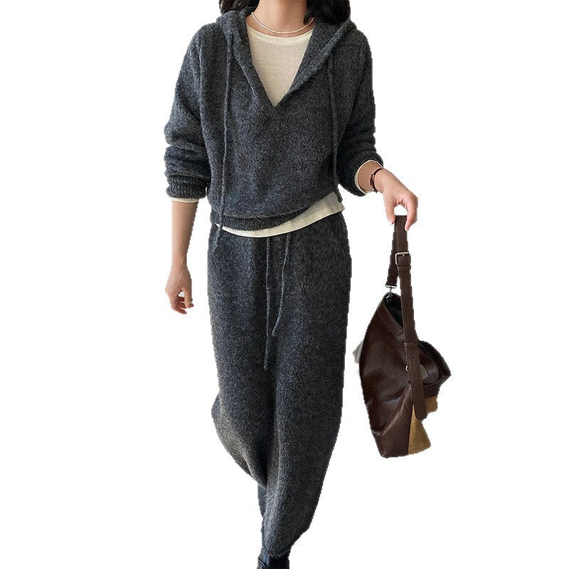 Women's Knitting Hooded Two-piece Set High Sense Cardigans
