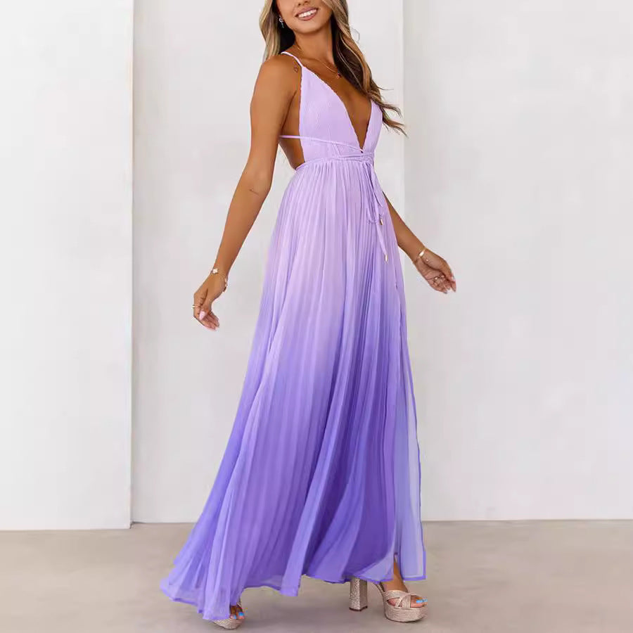 Strap Pleated Large Swing Split Vacation Dresses