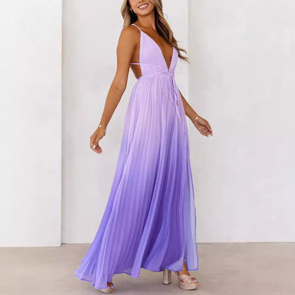 Strap Pleated Large Swing Split Vacation Dresses