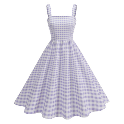Pink Plaid Young Strap Long Dress Tops