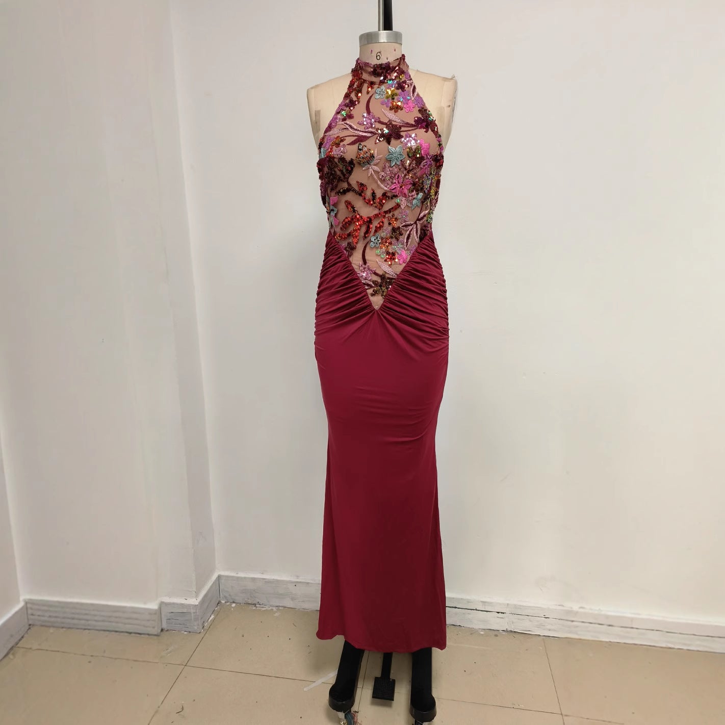 Halter Embroidered Stitching Ruffle Slim Fit Dresses