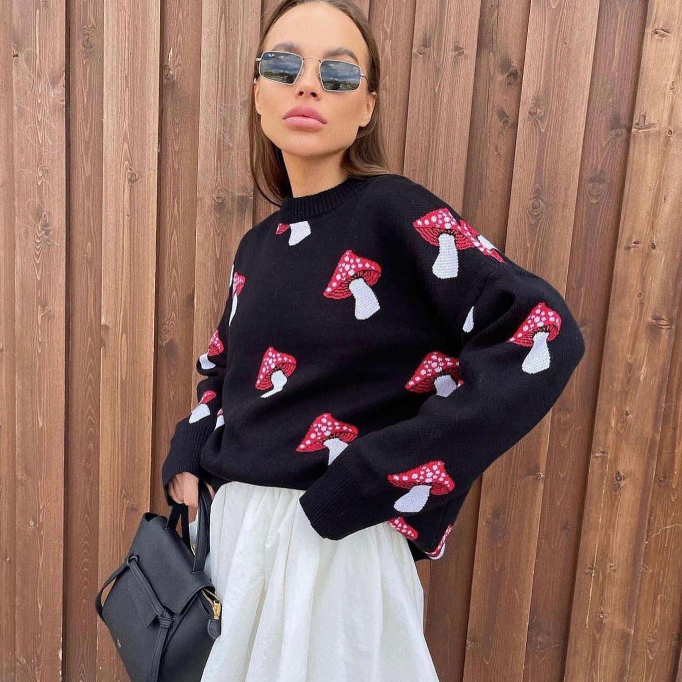 Women's Long Loose Mushroom Retro Crew Neck Sleeve Sweaters
