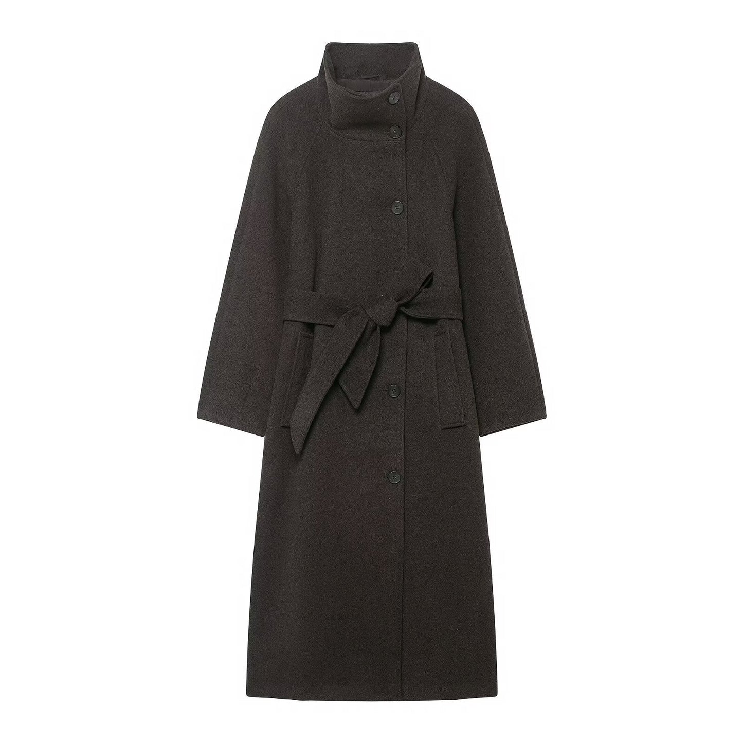 Women's Fashion Stand Collar Belt Woolen Outerwear Coats