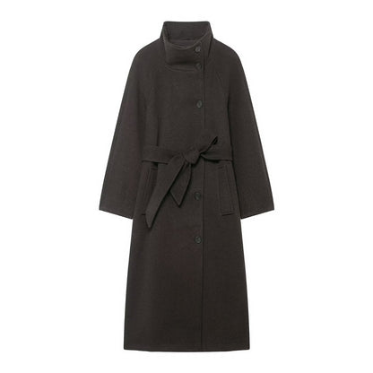 Women's Fashion Stand Collar Belt Woolen Outerwear Coats