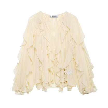 Women's Ruffled Shirt Long Sleeve Black Apricot Solid Blouses