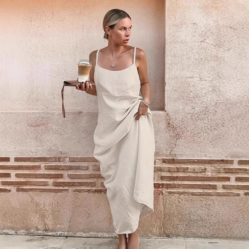 Women's Casual Cotton Linen Suspender Simple Loose A- Dresses