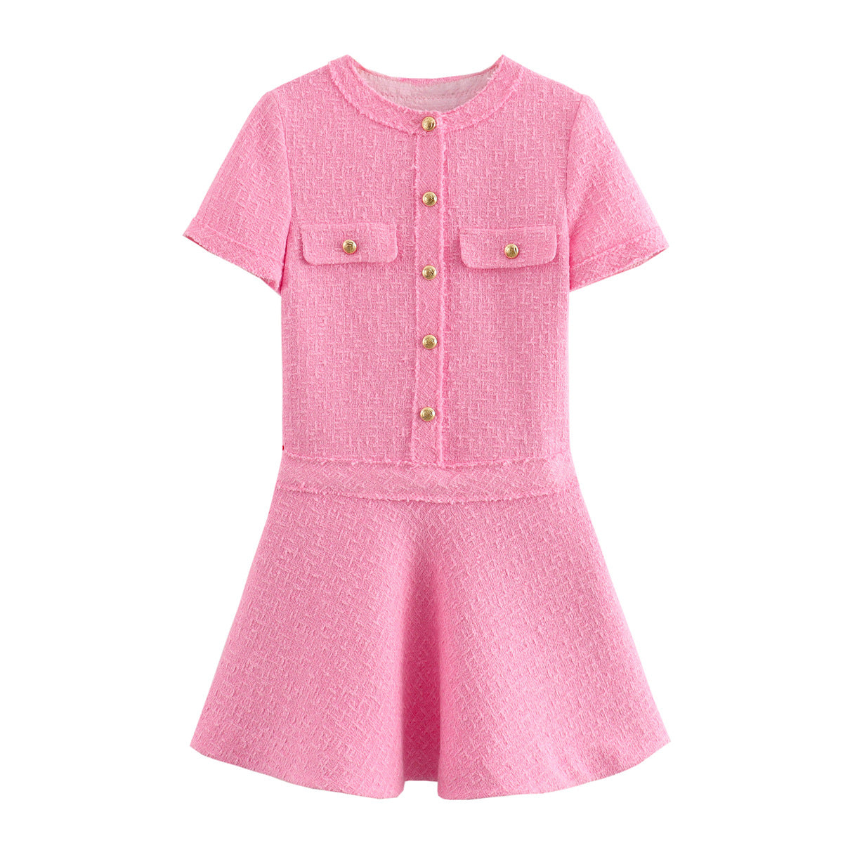 Women's Pocket Round Neck Textured Sleeve Dress Dresses