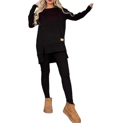 Women's Slit Long Sleeve Crew Neck Casual Suits