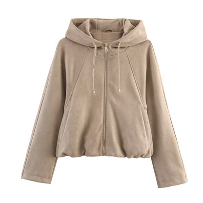Women's Loose Hooded Suede Texture Effect Jackets