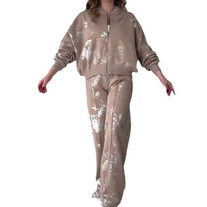 Summer Fashionable Sequins Printed Zipper Casual Suits