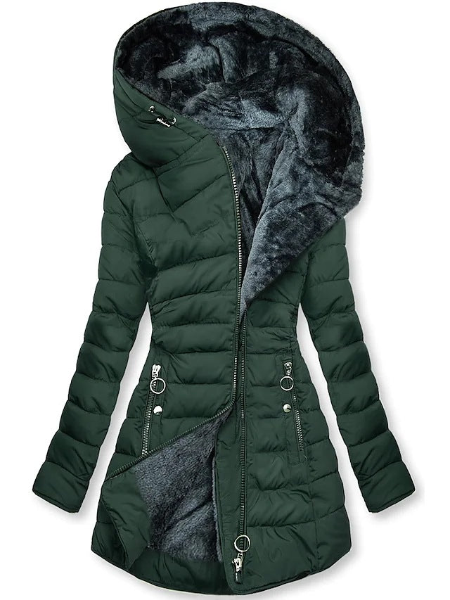 Women's Plush Hooded Mid-length Oblique Zipper Coats