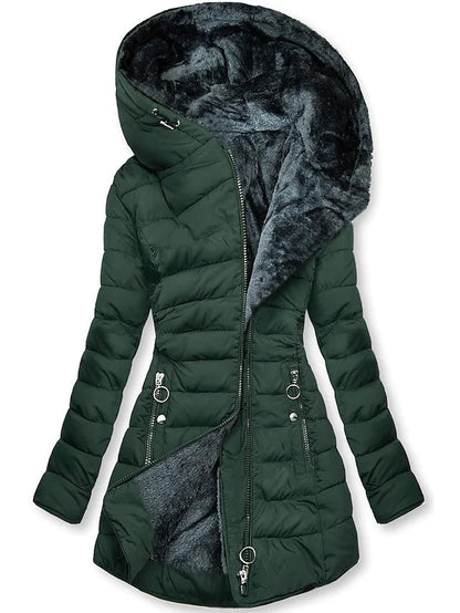Women's Plush Hooded Mid-length Oblique Zipper Coats