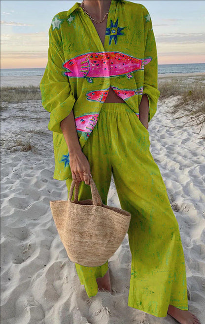 Women's Digital Flower Hawaiian Vacation Style Shirt Suits
