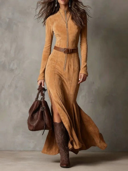 Modern Stand Collar Zipper High Slit Dresses