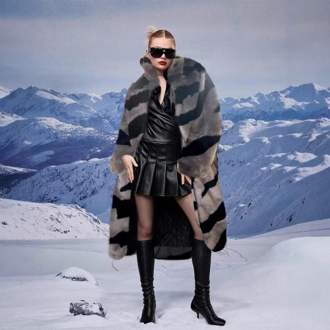 Fur Imitation Tiger Pattern Lengthened Artificial Wool Loose Coats
