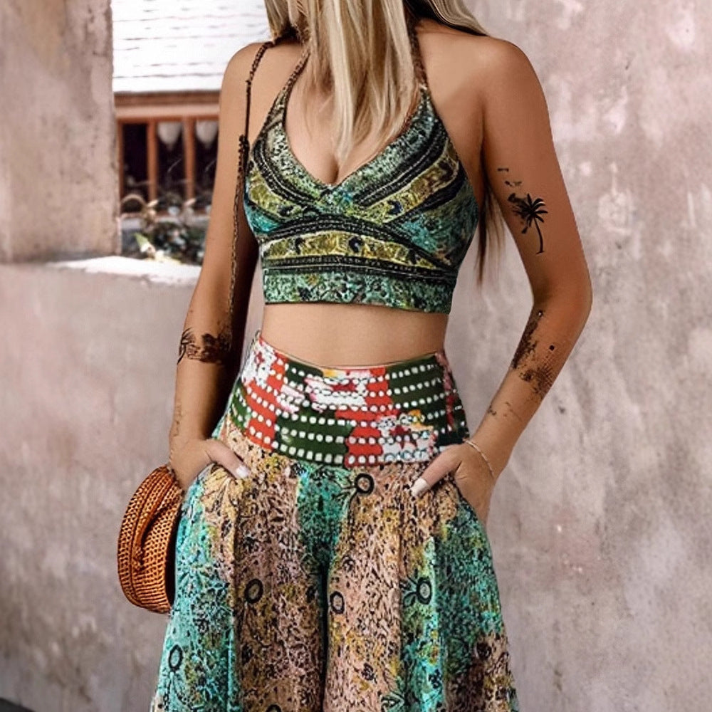 Set Waist Color Contrast Patchwork A- Line Pants